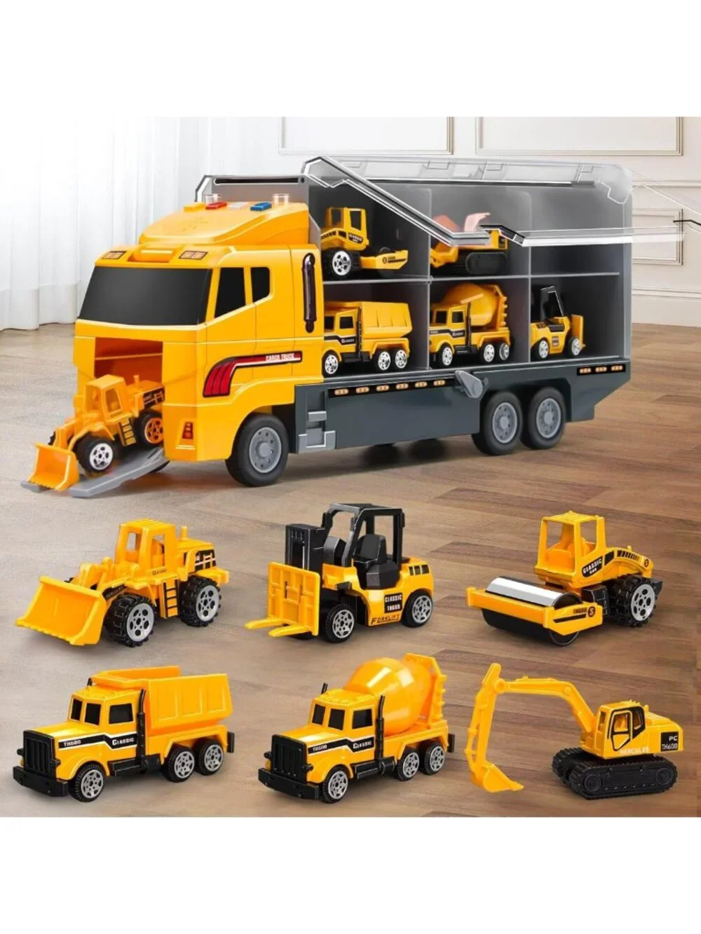 Toddler Construction Truck Toy Set with Play Mat & Die-Cast Car Carrier for Kids